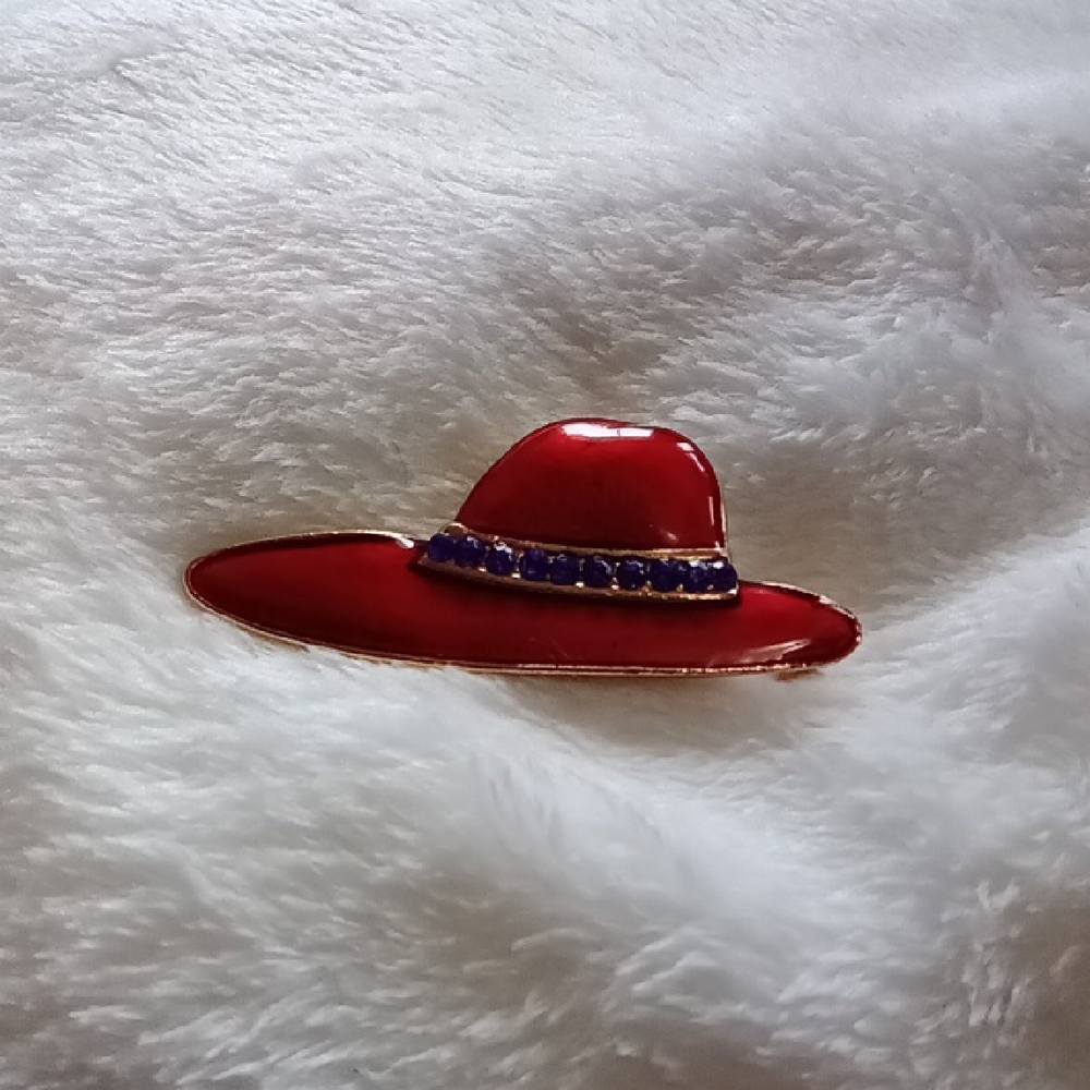 Elegant Red Hat Brooch with Purple Details